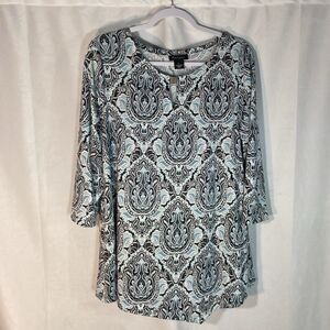 45-9 NUE OPTIONS blue black paisley geometric key hole 3/4 sleeve stretch top L